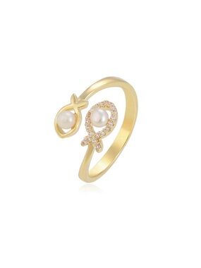 Adjustable 14k Gold Pearl & Zircon Ring | Fish Infinity Design